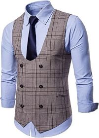 Men's Formal Suit Vest V-Neck Sleeveless Slim Fit Jacket Casual Suit Vests (Color: BROWN-M)