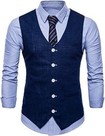 Men's V-neck Solid Color Single-breasted Suit Vests Candy Color Casual Slim Fit Vests (Color: NAVY-3XL)