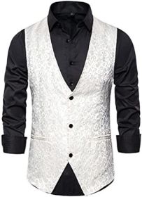 Men's Casual Printed Vests Fashion Solid Color Slim Fit V-Neck Vests Groomsmen Suits Host Clothings (Color: WHITE-S)