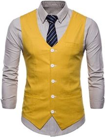 Men's V-neck Solid Color Single-breasted Suit Vests Candy Color Casual Slim Fit Vests (Color: YELLOW-S)