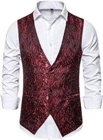 Men's Casual Printed Vests Fashion Solid Color Slim Fit V-Neck Vests Groomsmen Suits Host Clothings (Color: RED-L)