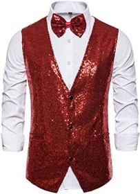 Men's Fashion Sequin Vests Slim Fit Bow Vests Solid Color Single Breasted Host Dress (Color: RED-S)