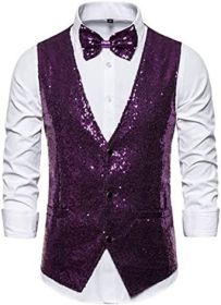 Men's Fashion Sequin Vests Slim Fit Bow Vests Solid Color Single Breasted Host Dress (Color: PURPLE-M)