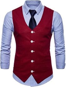 Men's V-neck Solid Color Single-breasted Suit Vests Candy Color Casual Slim Fit Vests (Color: RED-S)