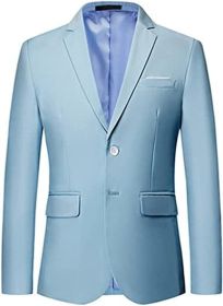 Men's Solid Color Casual Blazers Slim Fit Suit Collar Single Row Two Button Suit Jackets Groom Dress (Color: BLUE-XL)