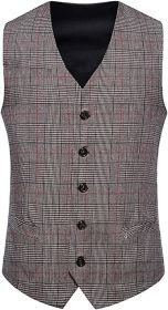 Men's Single Breasted Plaid Vest Casual Vintage Slim Fit Vest (size: BROWN-S)